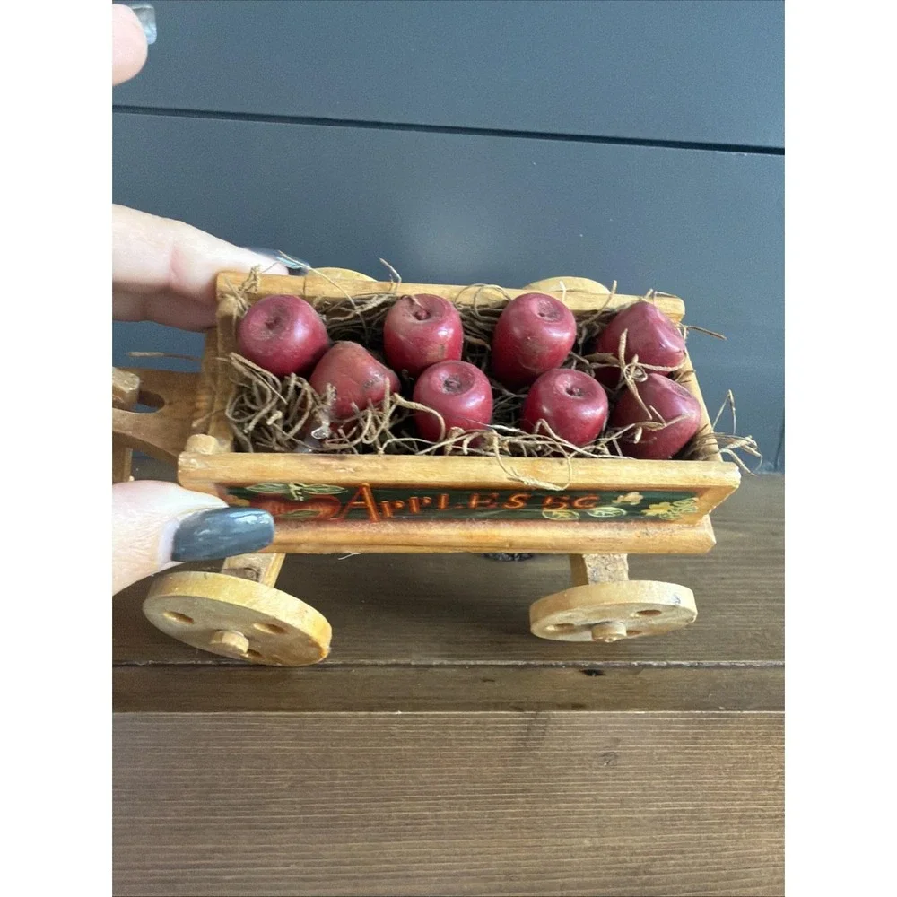 1980s Wooden Apple Wagon Cart Apples 5¢ Farmhouse Kitchen Decor Mini